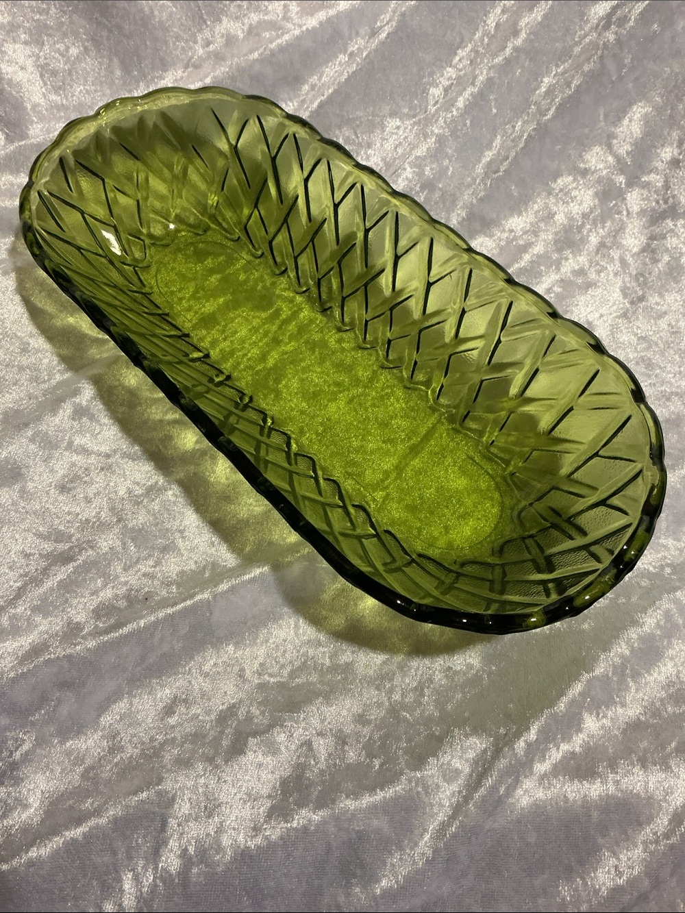 Vintage Avocado Green Glass Celery Dish